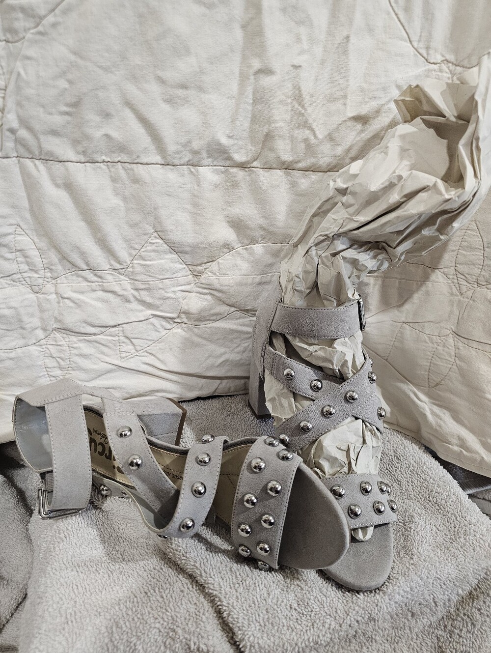 Circus by Sam Edelman Light Gray Studded Suede Ankle-Strap Sandals